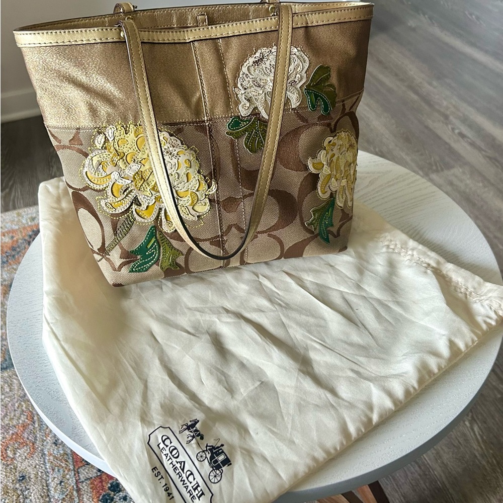 Coach Gold and Brown Tote with Floral Accents